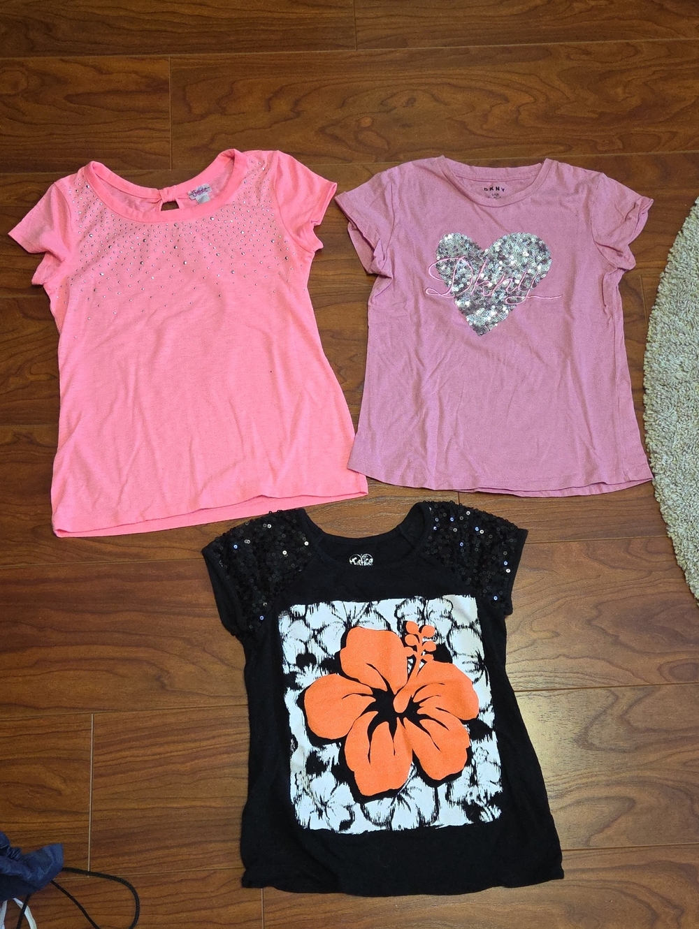 Justice And Dkny Girls Pink Sequin Heart Tee & Black Floral Graphic Top Duo